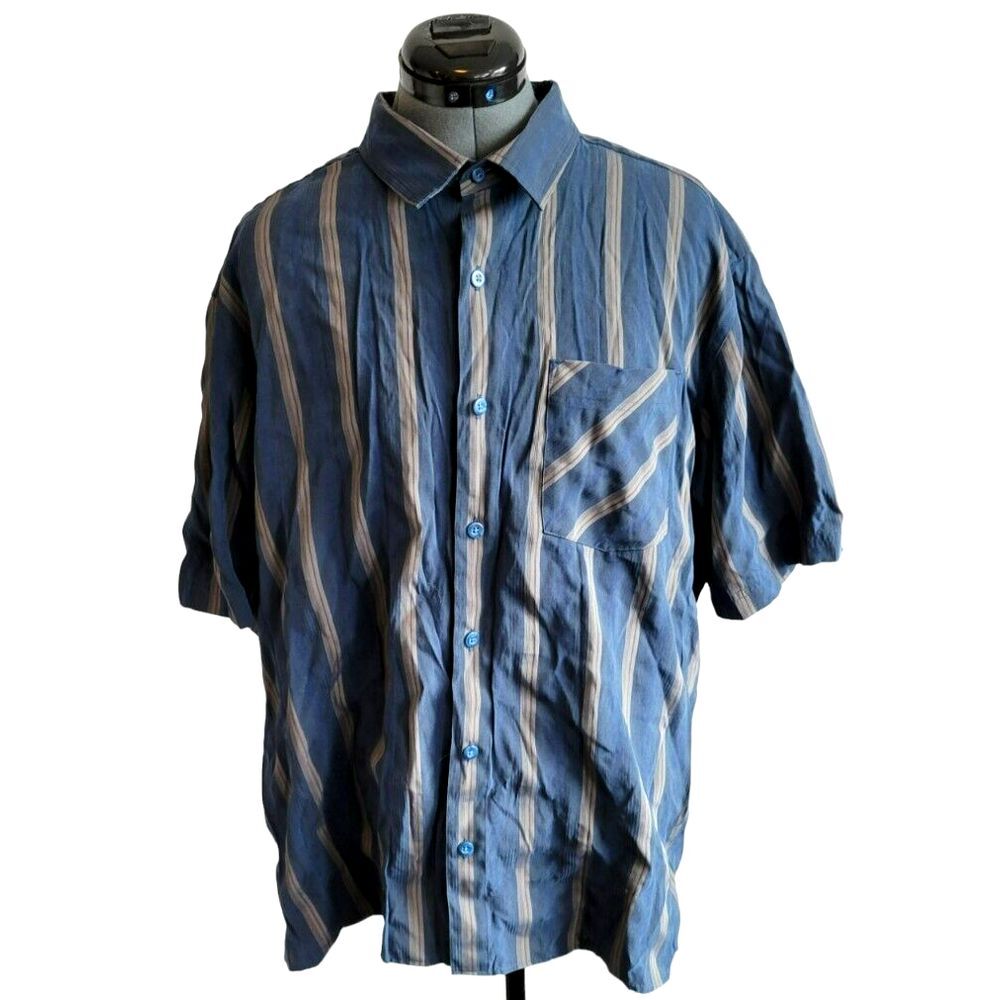 REI Mens XL Short Sleeve Button Down Shirt Blue Tan Striped Modal Blend